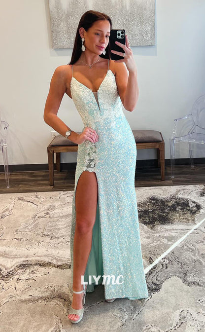 LP1315 - V-Neck Spaghetti Straps Lace- Up Appliques Glitter Prom Dress