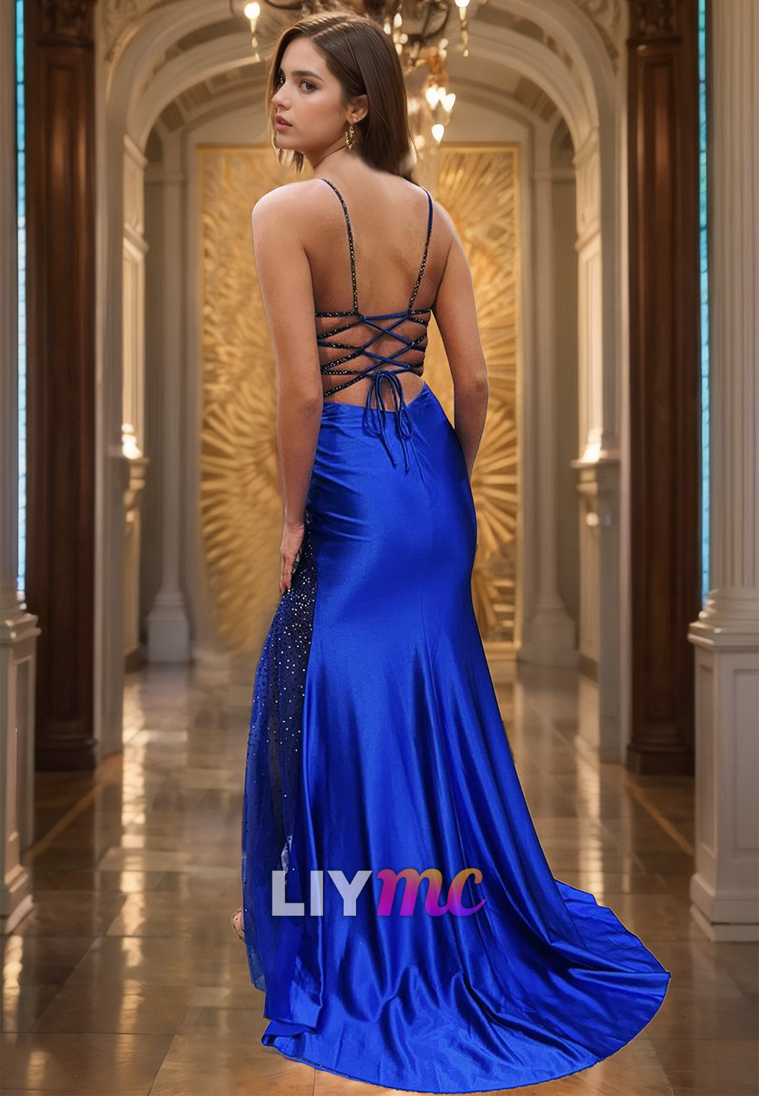 V-Neck Spaghetti Straps Lace-Up Sheath Prom Dress