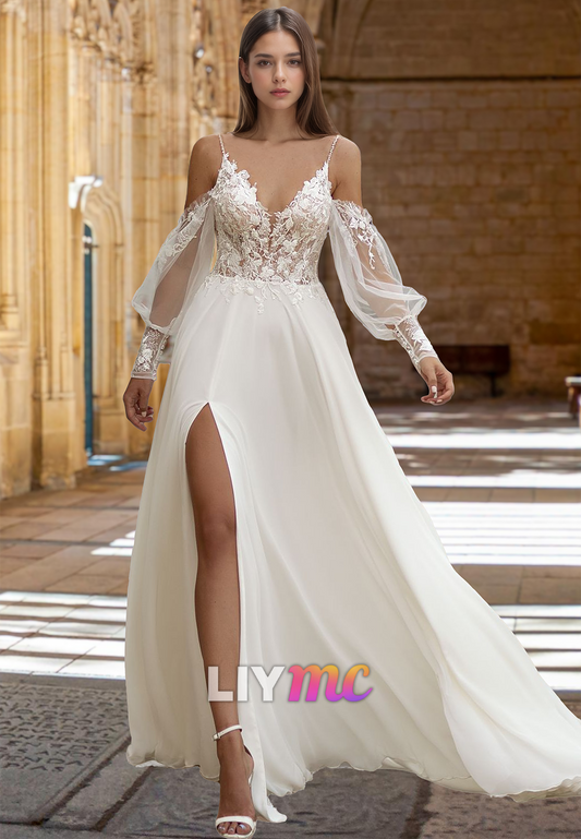 V-Neck Spaghetti Straps Lace Appliques A-Line Beach Wedding Dress