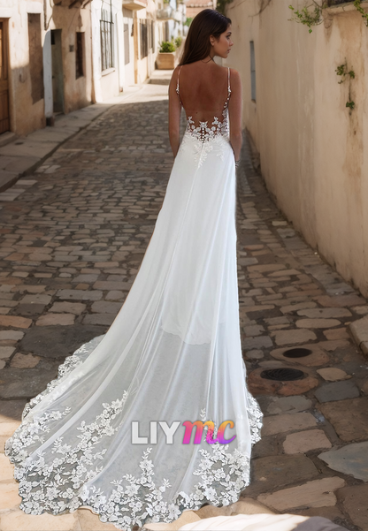 V-Neck Spaghetti Straps Lace Appliques A-Line Wedding Dress