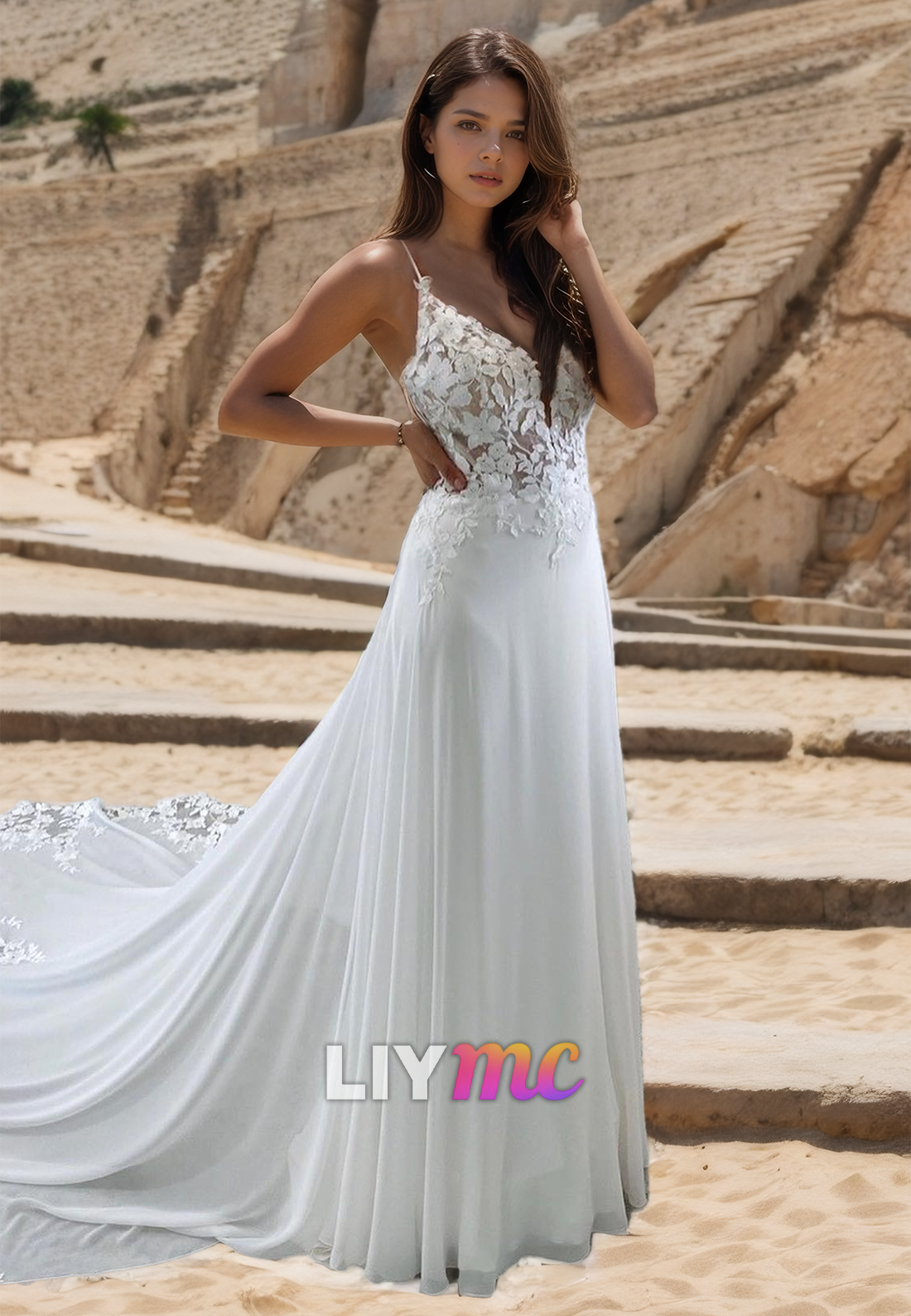 V-Neck Spaghetti Straps Lace Appliques A-Line Wedding Dress