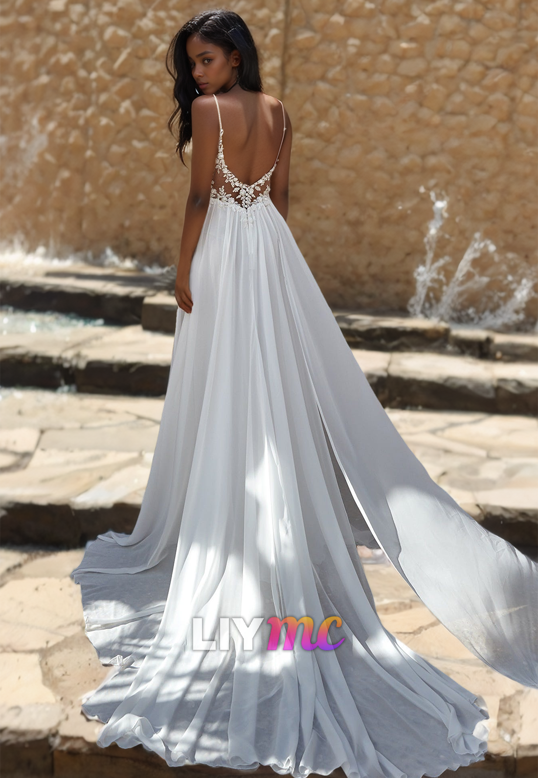 V-Neck Spaghetti Straps Lace Appliques Chiffon A-Line Beach Wedding Dress