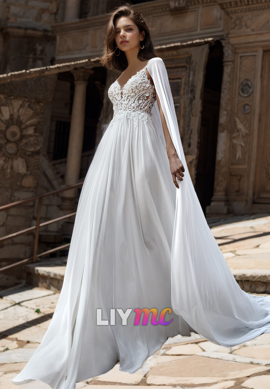 V-Neck Spaghetti Straps Lace Appliques Chiffon A-Line Beach Wedding Dress