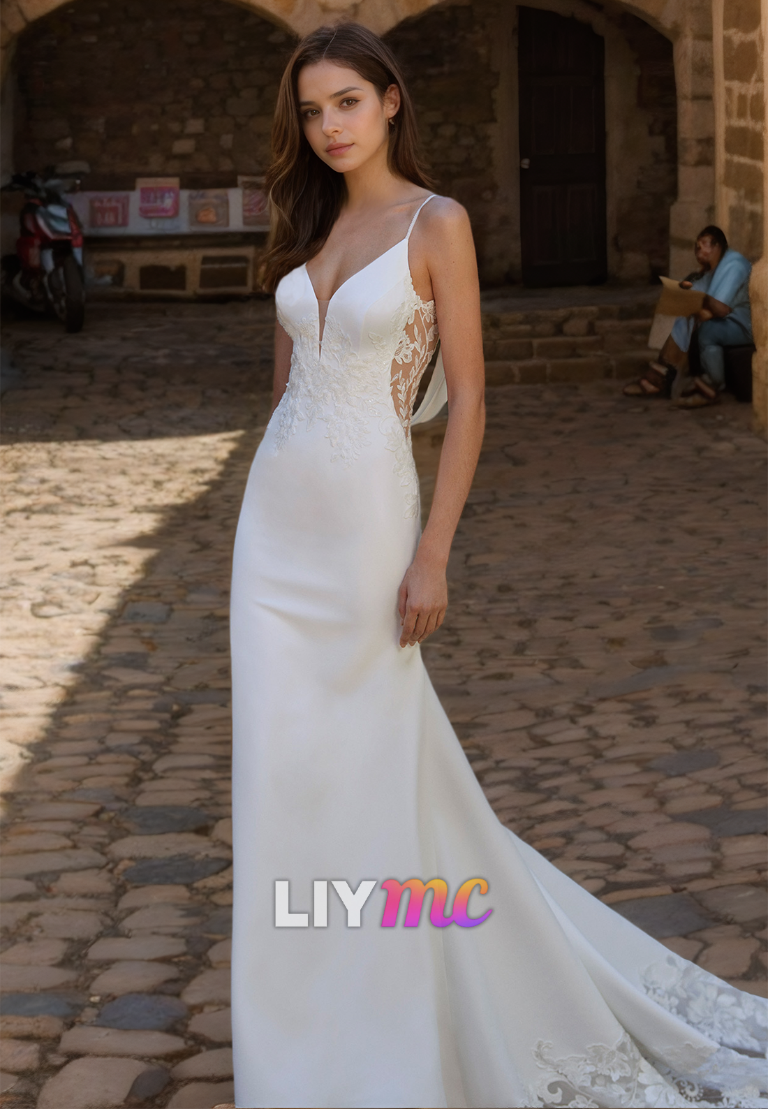 V-Neck Spaghetti Straps Lace Appliques Mermaid Wedding Dress