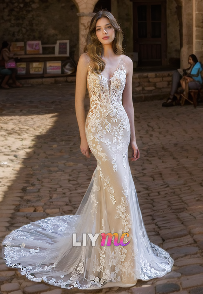 V-Neck Spaghetti Straps Lace Appliques Mermaid Wedding Dress