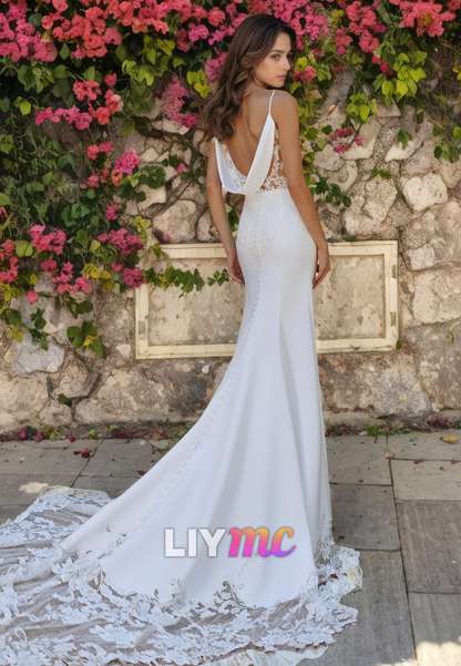 V-Neck Spaghetti Straps Lace Appliques Mermaid Wedding Dress