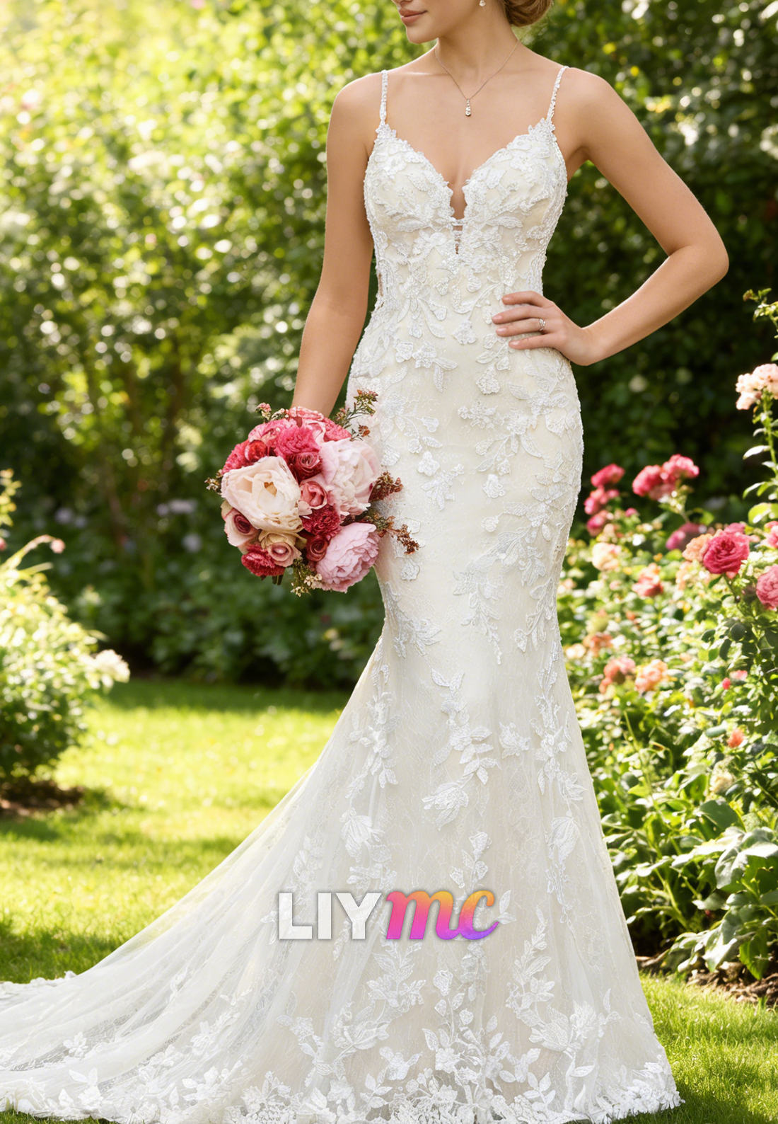 V-Neck Spaghetti Straps Lace Appliques Mermaid Wedding Dress