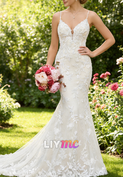V-Neck Spaghetti Straps Lace Appliques Mermaid Wedding Dress
