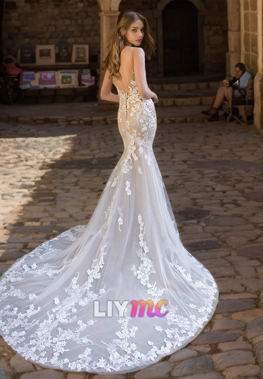 V-Neck Spaghetti Straps Lace Appliques Mermaid Wedding Dress