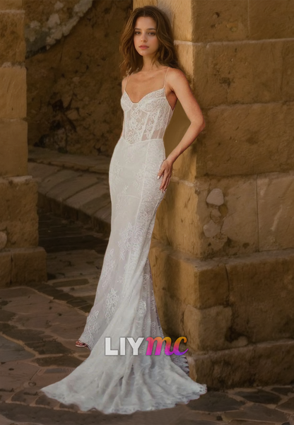 V-Neck Spaghetti Straps Lace Appliques Mermaid Wedding Dress