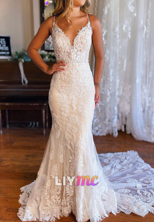 V-Neck Spaghetti Straps Lace Appliques Mermaid Wedding Dress
