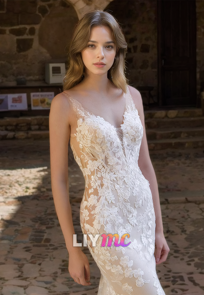 V-Neck Spaghetti Straps Lace Appliques Mermaid Wedding Dress