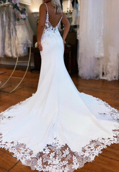 LW056 - Elegant Mermaid/Trumpet Spaghetti Straps Lace Satin Long Wedding Dress