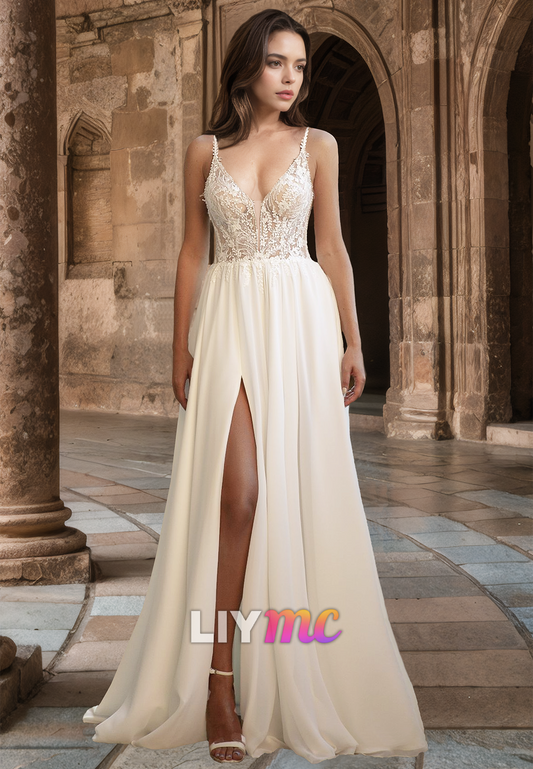 V-Neck Spaghetti Straps Lace Appliques Side Slit A-Line Wedding Dress