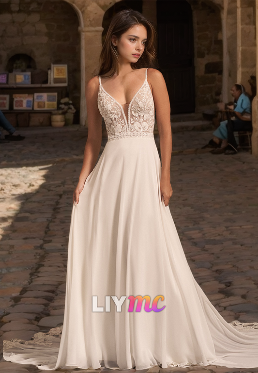 V-Neck Spaghetti Straps Lace Appliques Sleek A-Line Beach Wedding Dress