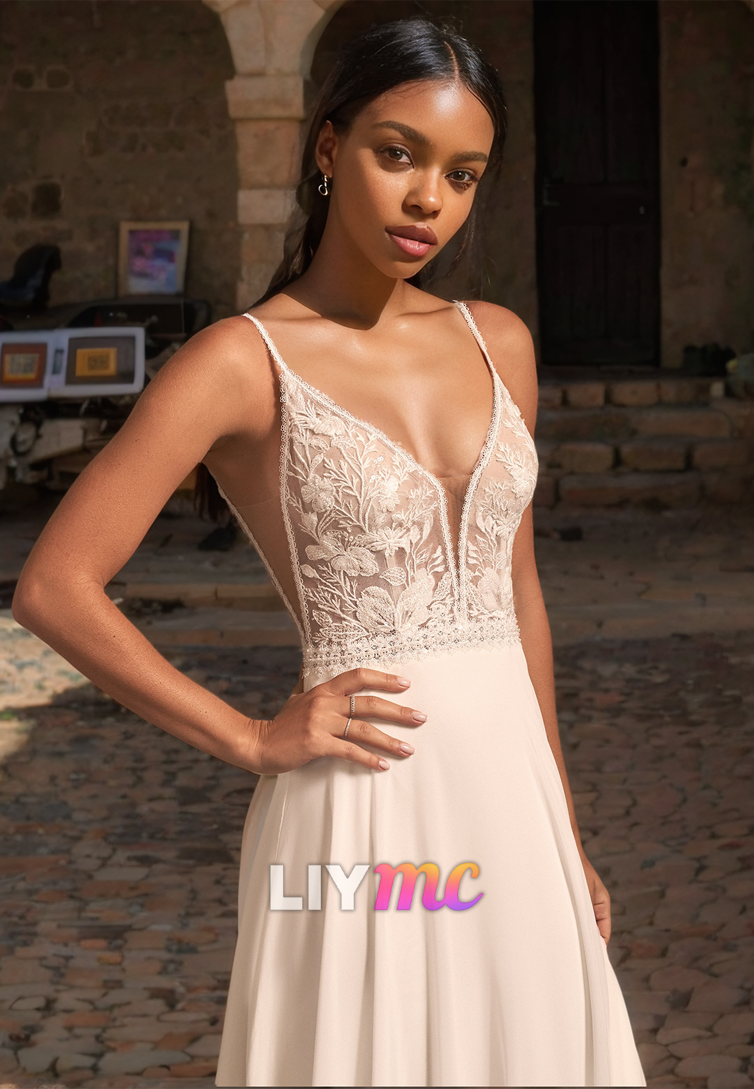 V-Neck Spaghetti Straps Lace Appliques Sleek A-Line Beach Wedding Dress