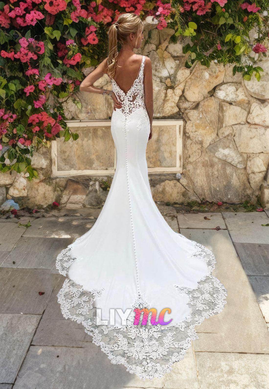 V-Neck Spaghetti Straps Lace Appliques Sleek Mermaid Wedding Dress