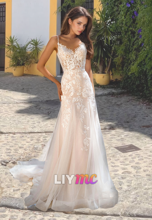 V-Neck Spaghetti Straps Lace Appliques Tulle A-Line Wedding Dress