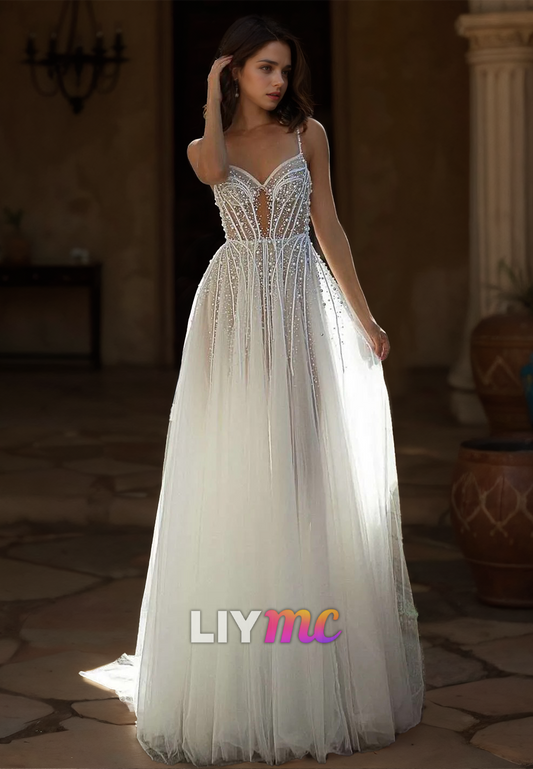 V-Neck Spaghetti Straps Pearl Beaded Tulle Beach Wedding Dress