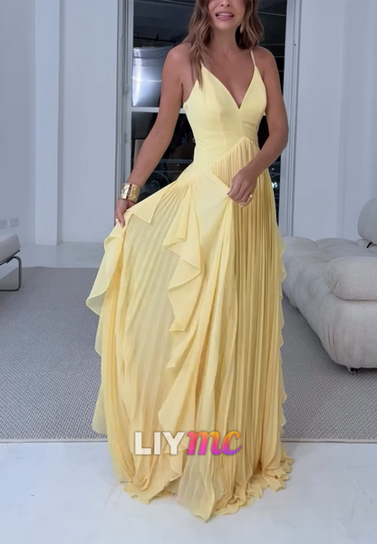 V-Neck Spaghetti Straps Pleated Ruffled A-Line Prom Dress