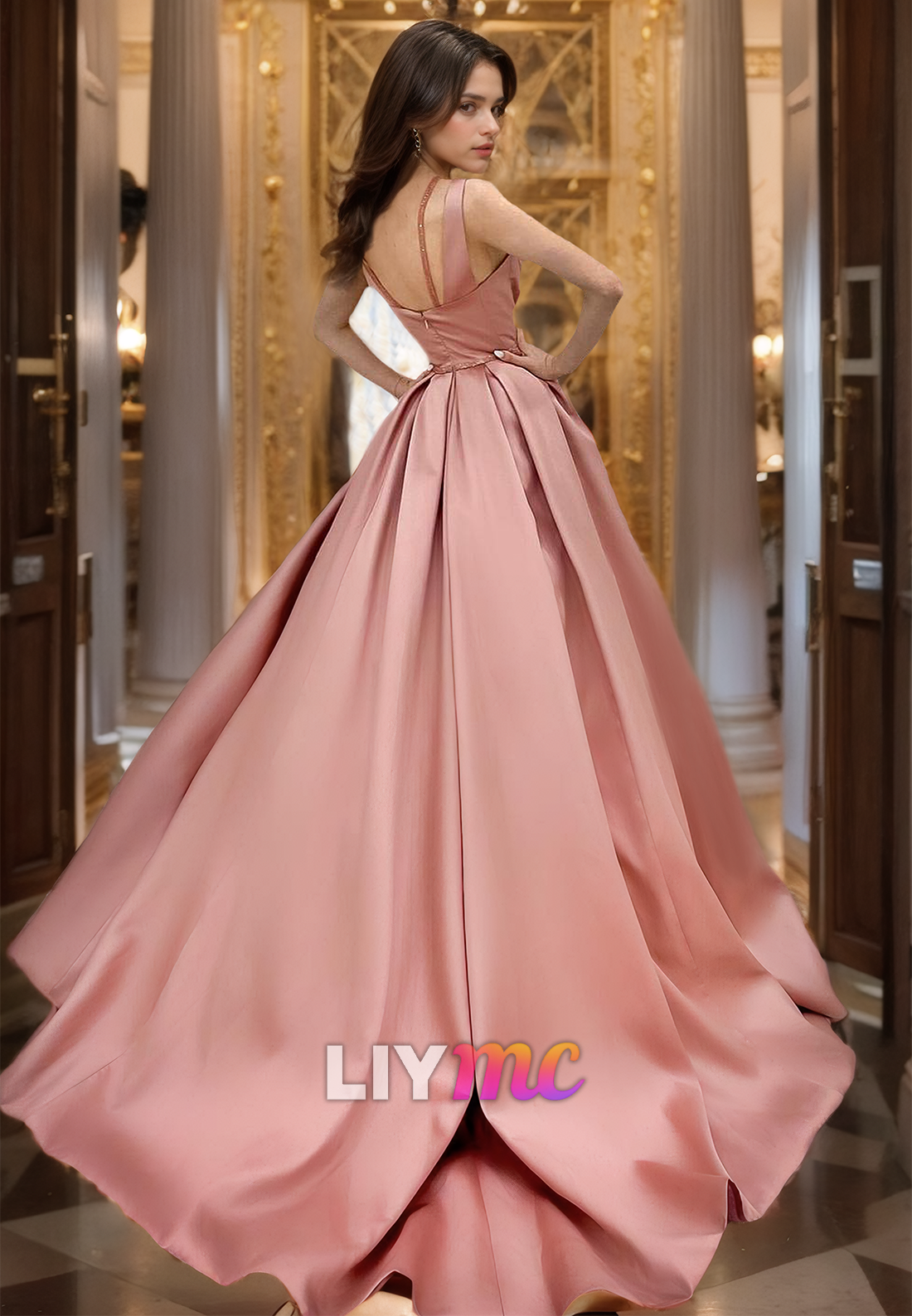 V-Neck Spaghetti Straps Pleated Satin A-Line Prom Dress