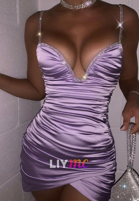 V-Neck Spaghetti Straps Pleated Sheathh Party Homecoming Dress
