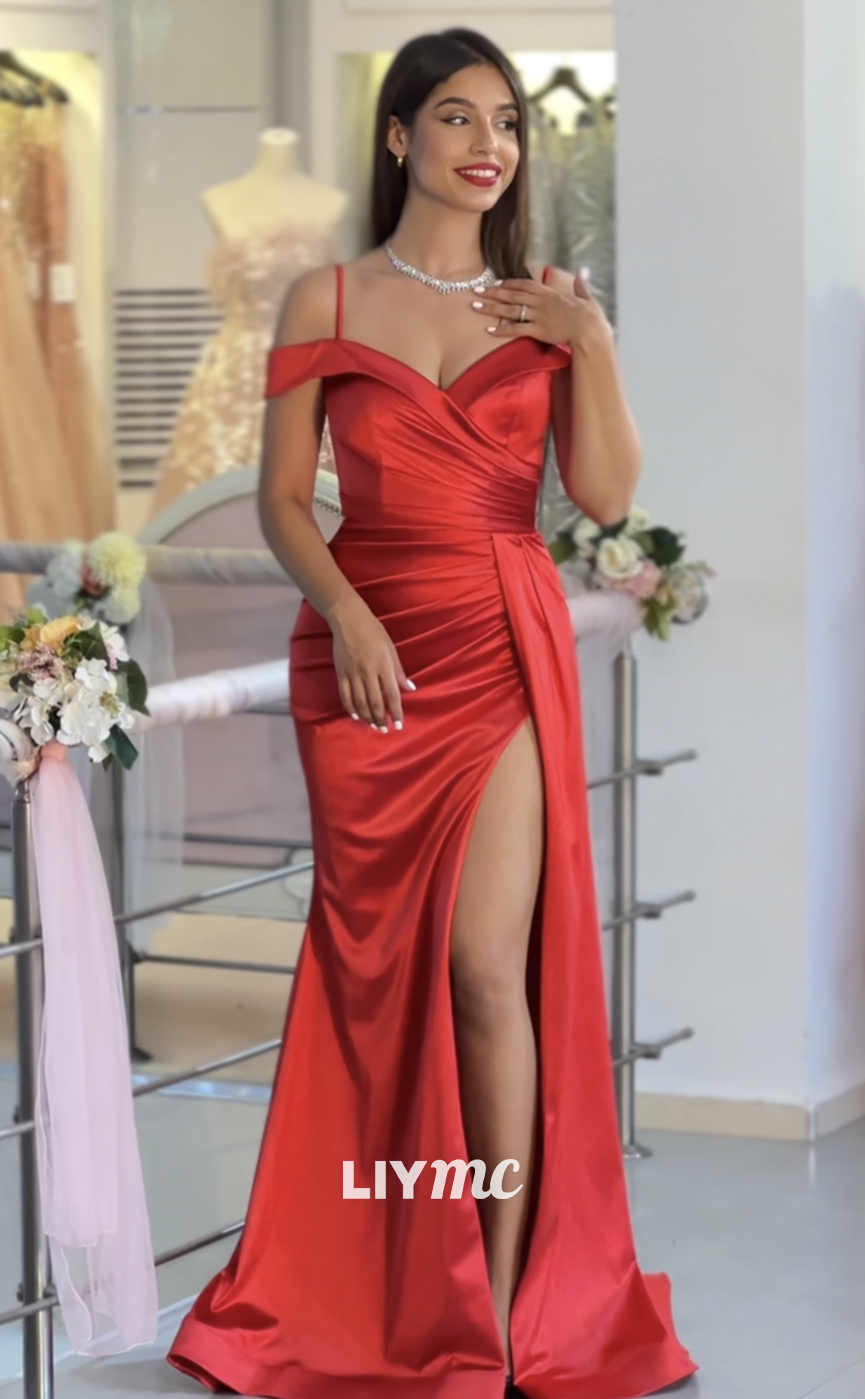 LP1991 - V-Neck Spaghetti Straps Ruched Sleek Satin High Slit Prom Dress