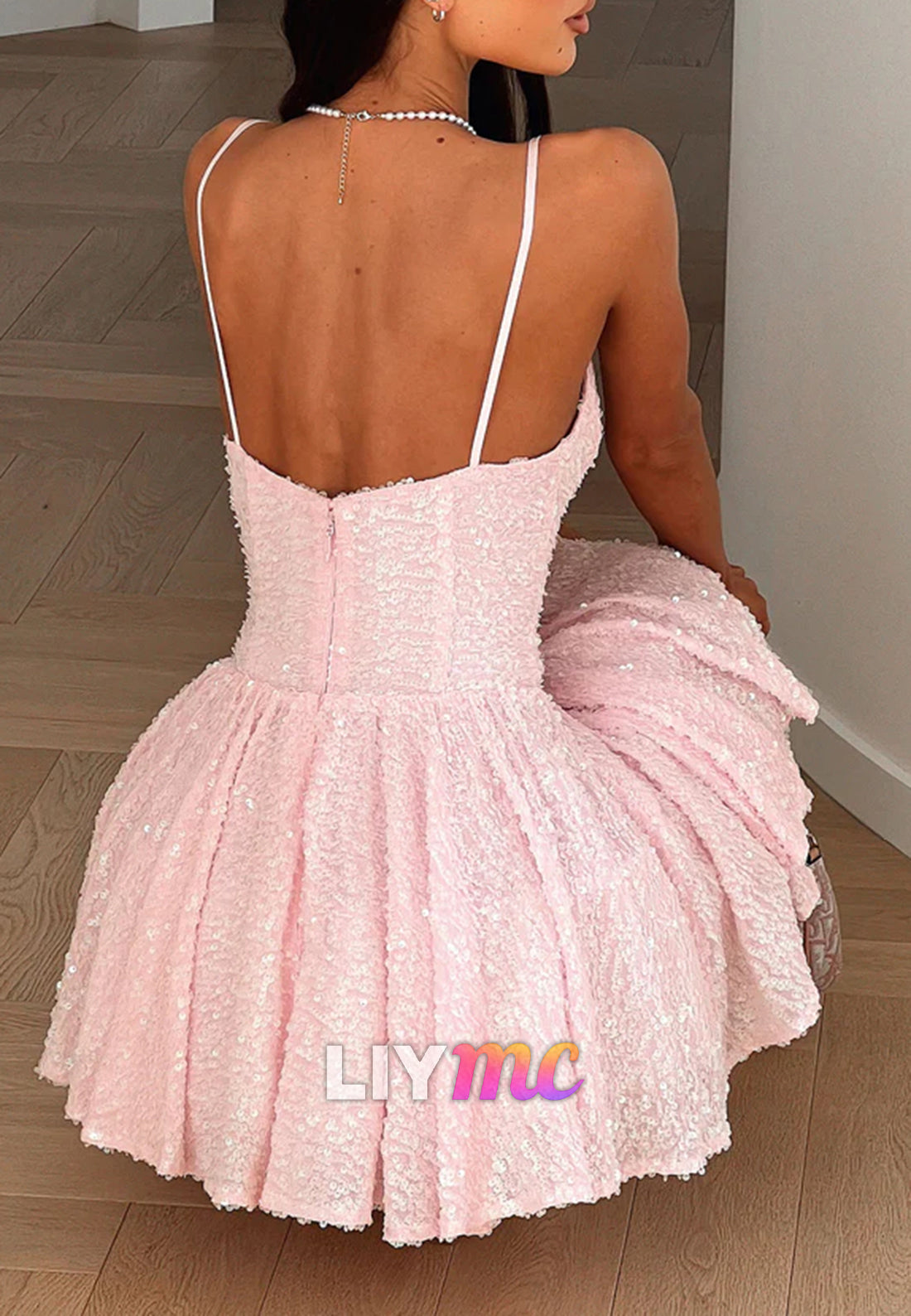V-Neck Spaghetti Straps Sequins A-Line Homecoming Dress