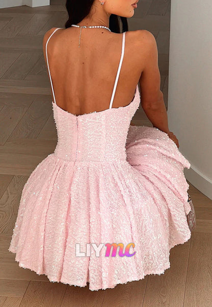 V-Neck Spaghetti Straps Sequins A-Line Homecoming Dress