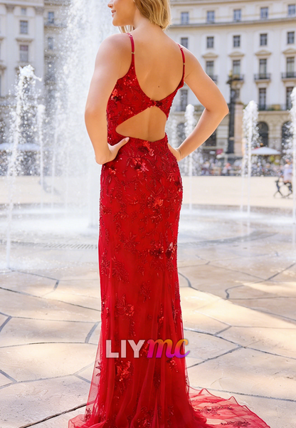 V-Neck Spaghetti Straps Sequins Appliques Mermaid Prom Dress