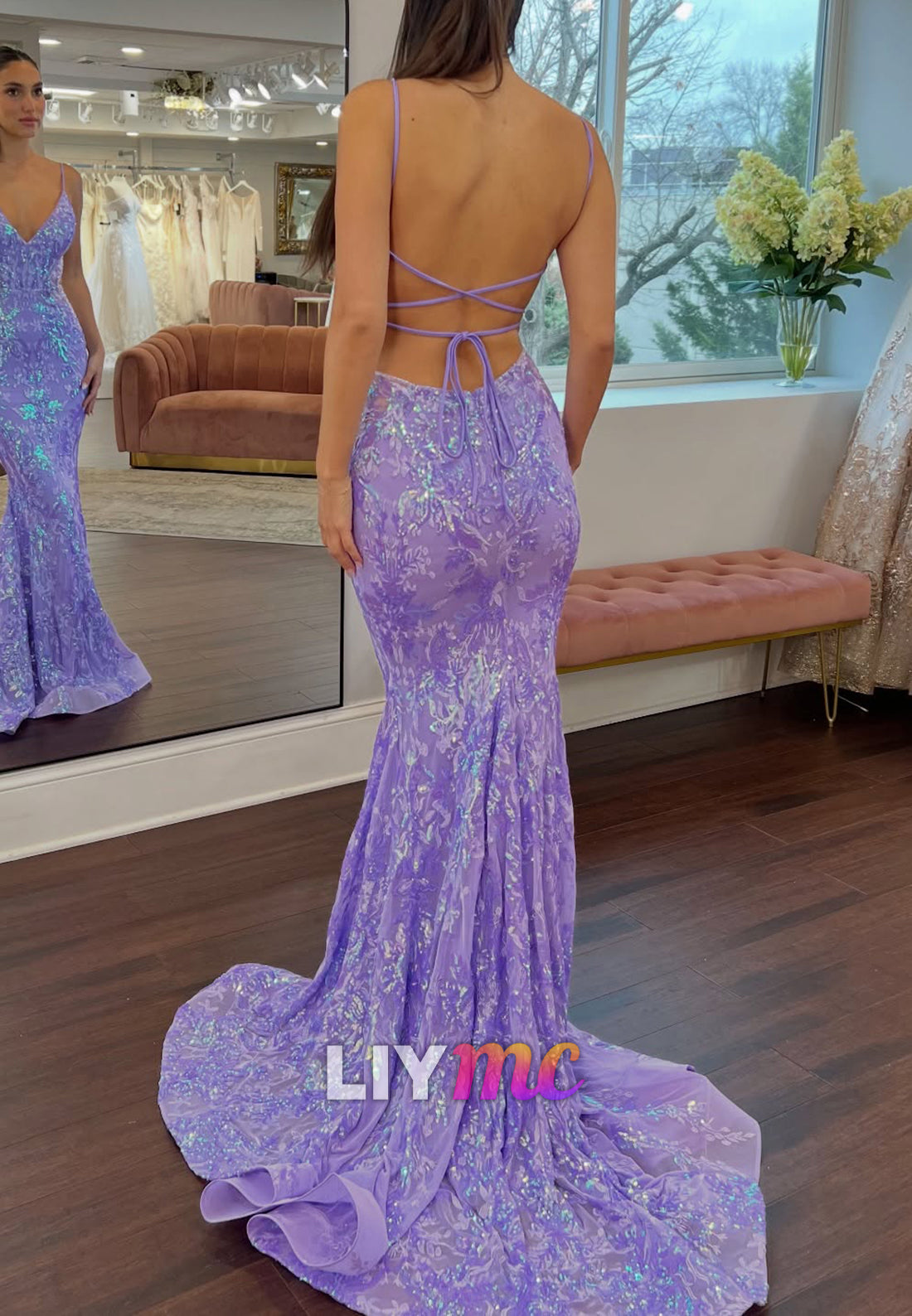 V-Neck Spaghetti Straps Sequins Appliques Prom Dress