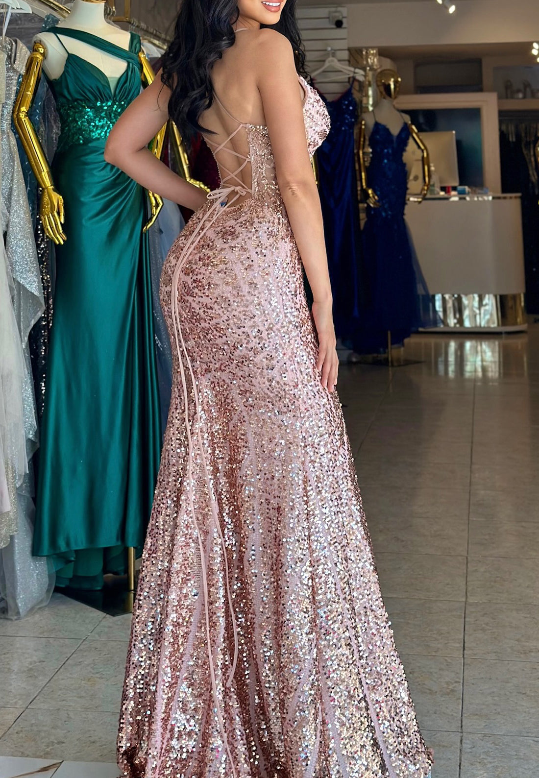 V-Neck Spaghetti Straps Sequins Appliques Sheath Prom Dress