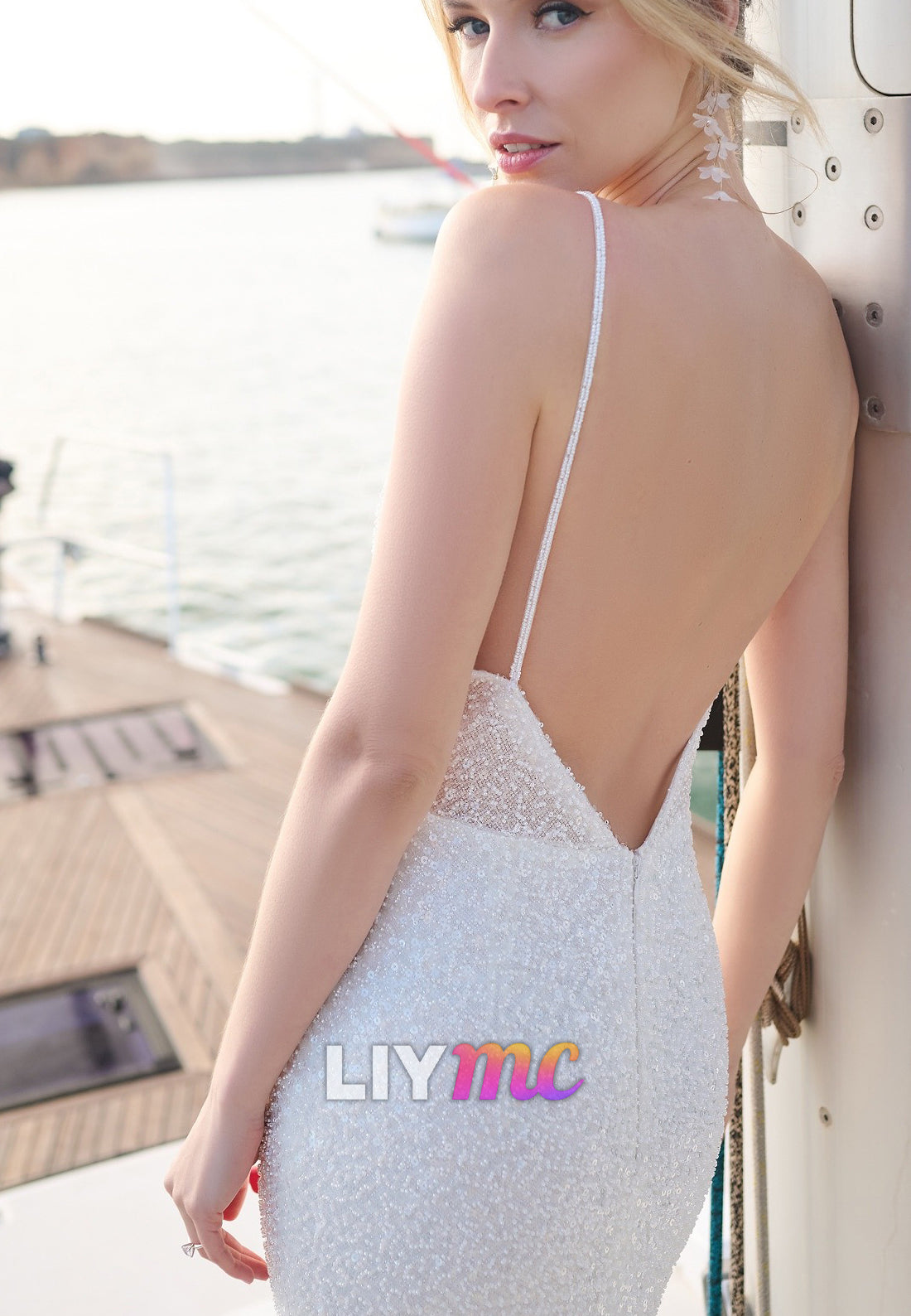 V-Neck Spaghetti Straps Sequins Sheath Beach Wedding Dress