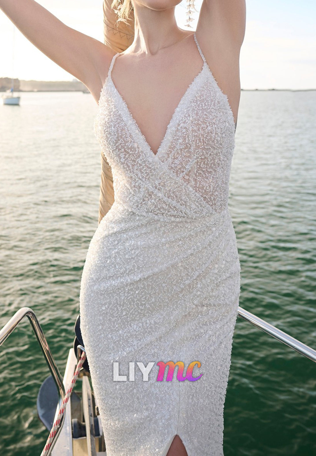 V-Neck Spaghetti Straps Sequins Sheath Beach Wedding Dress