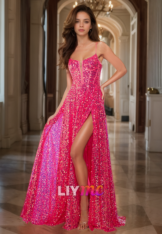 V-Neck Spaghetti Straps Sequins Sparkly A-Line Prom Dress