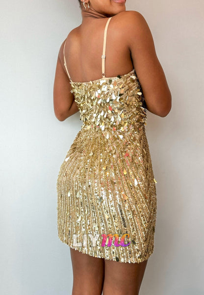 V-Neck Spaghetti Straps Sequins Sparkly Sheath Homecoming Dress