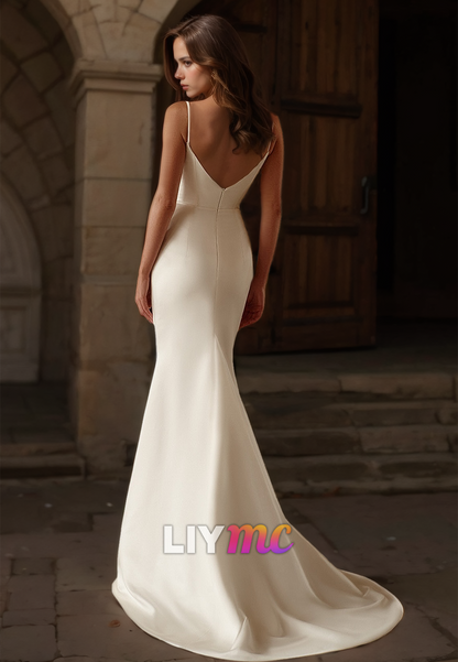 V-Neck Spaghetti Straps Sleek Mermaid Beach Wedding Dress