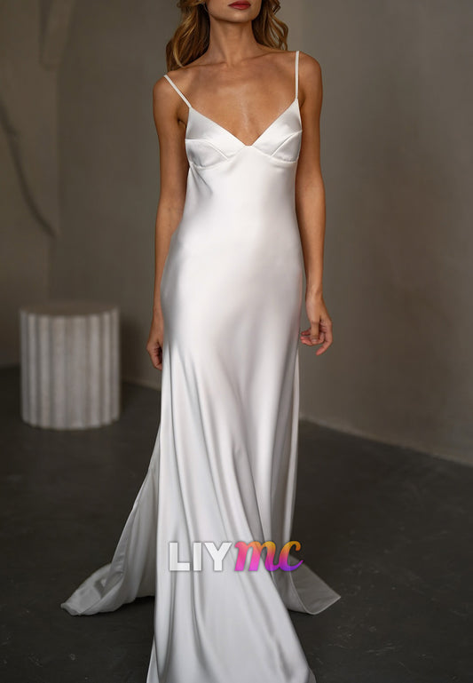 V-Neck Spaghetti Straps Sleek Sheath Beach Wedding Dress