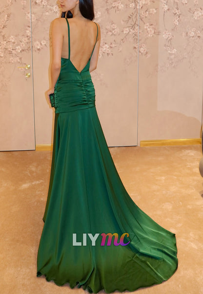 V-Neck Spaghetti Straps Sleek Simple Sheath Evening Dress