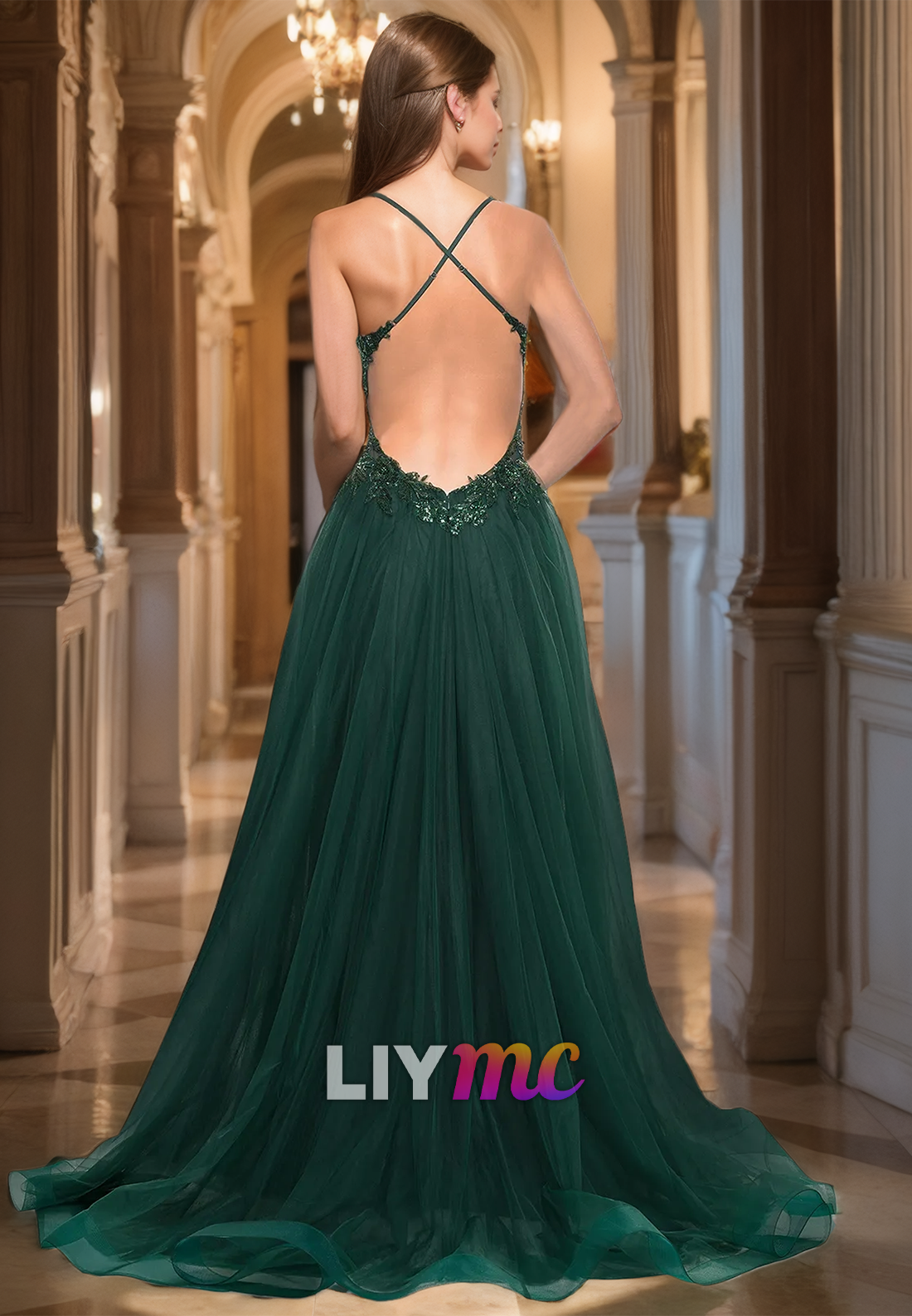 V-Neck Spaghetti Straps Sleeveless Appliques Tulle A-Line Prom Dress