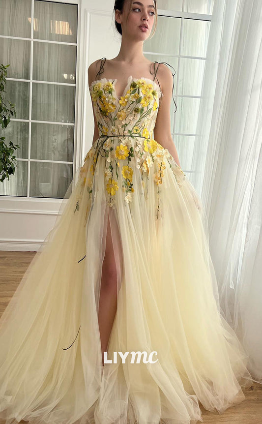 LP1781 - V-Neck Spaghetti Straps Sleeveless Floral Emblished Side Slit Ball Gown Prom Dress