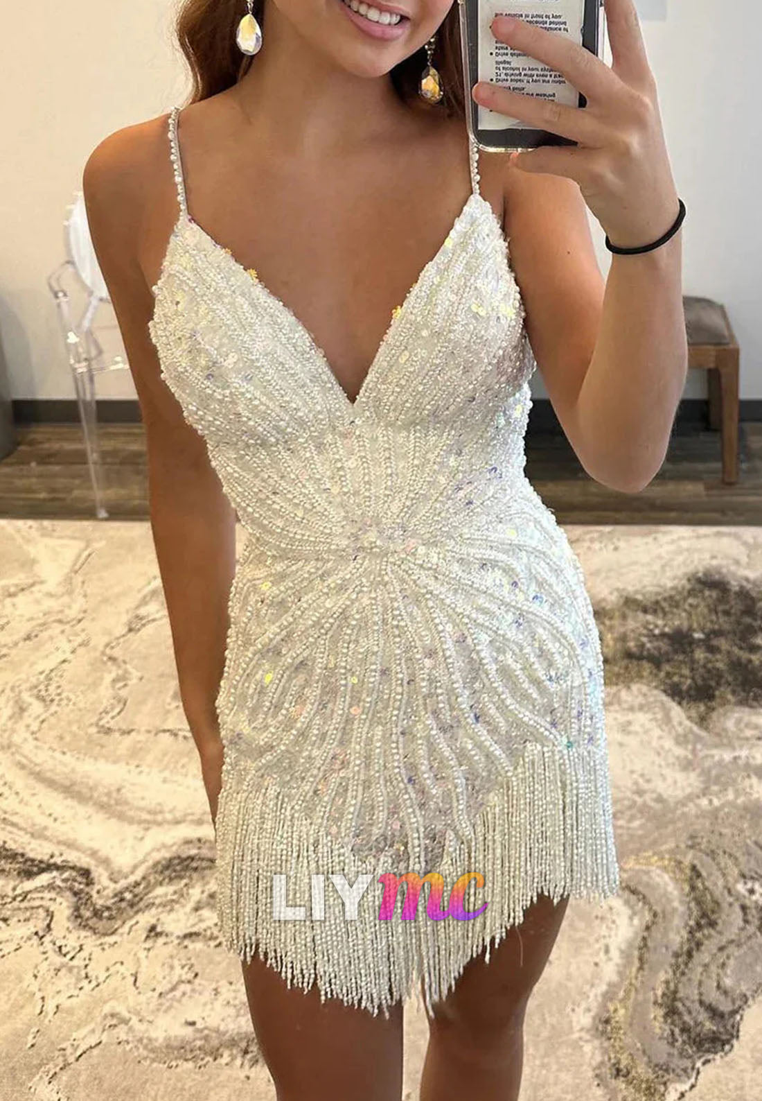 V-Neck Spaghetti Straps Sparkly Beaded Fringe Sheath Homecoming Dress