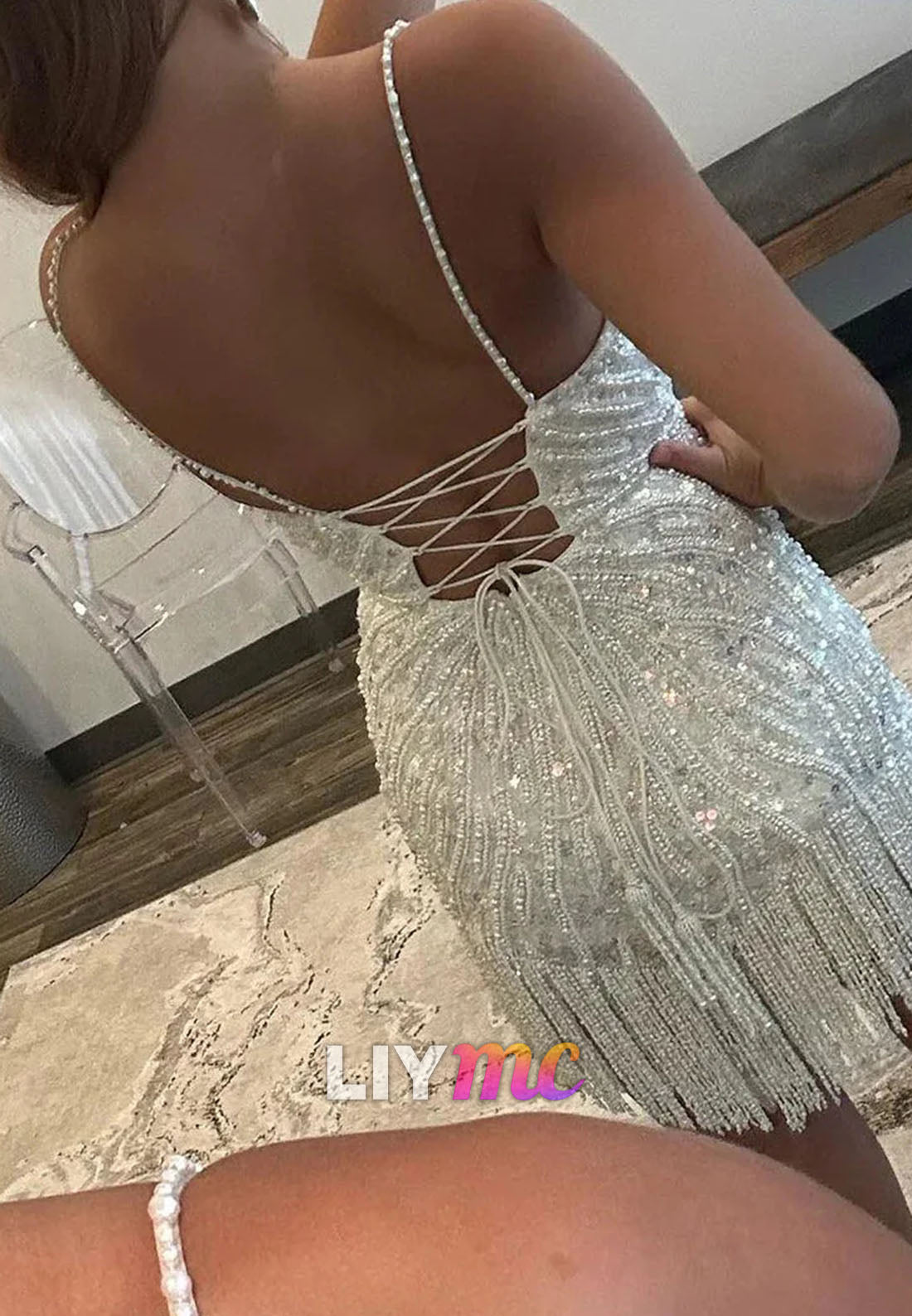 V-Neck Spaghetti Straps Sparkly Beaded Fringe Sheath Homecoming Dress