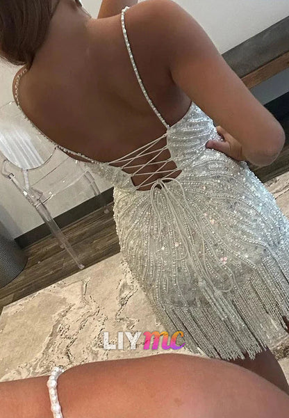 V-Neck Spaghetti Straps Sparkly Beaded Fringe Sheath Homecoming Dress