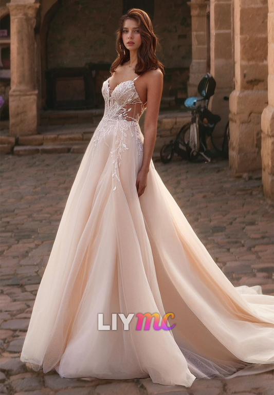 V-Neck Spaghetti Straps Tulle A-Line Wedding Dress