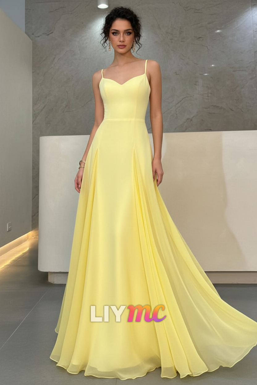 V-Neck Spaghetti Straps Yellow Simple A-Line Prom Dress