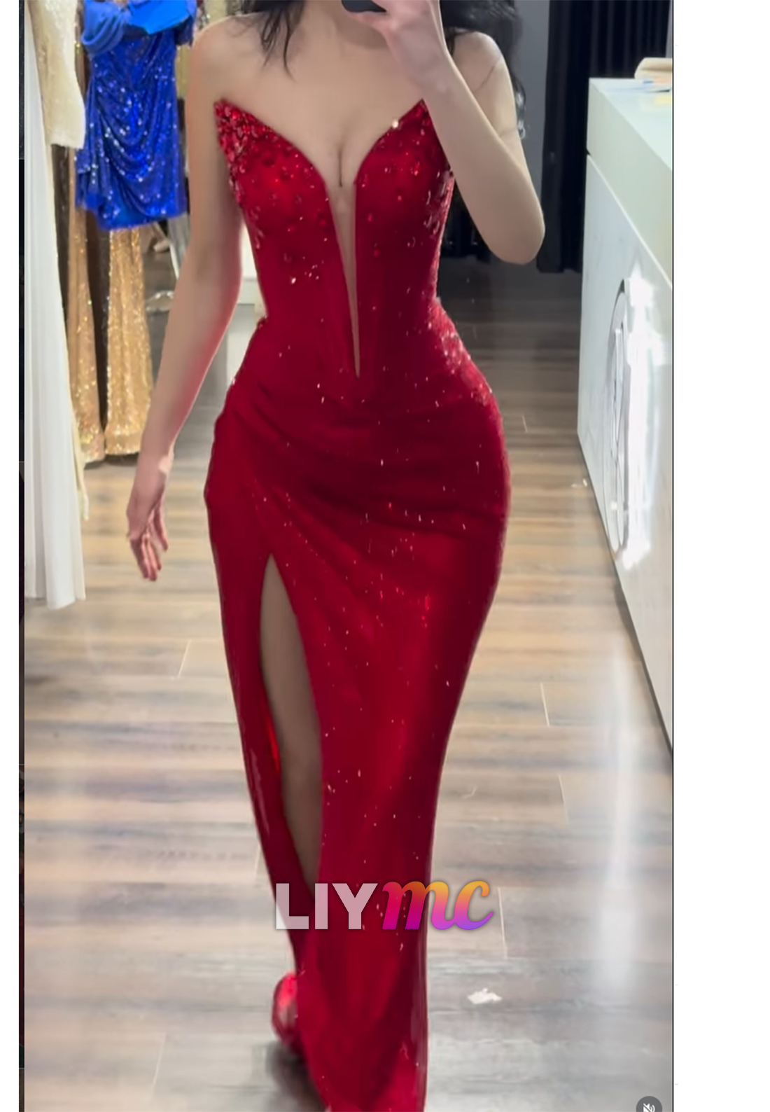 V-Neck Sparkly Beaded Red Mermaid Prom  Dress