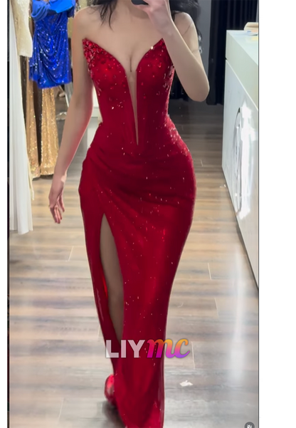 V-Neck Sparkly Beaded Red Mermaid Prom  Dress