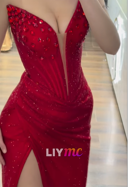 V-Neck Sparkly Beaded Red Mermaid Prom  Dress
