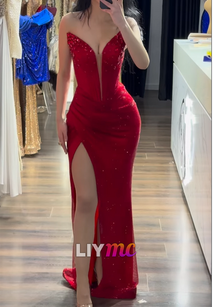 V-Neck Sparkly Beaded Red Mermaid Prom  Dress